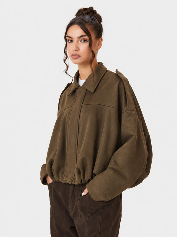 Women's Vintage Collared Zip Up Jacket Oversized Casual Outerwear