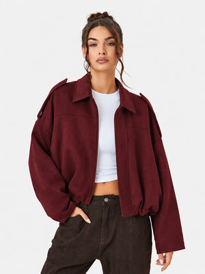 Women's Vintage Collared Zip Up Jacket Oversized Casual Outerwear