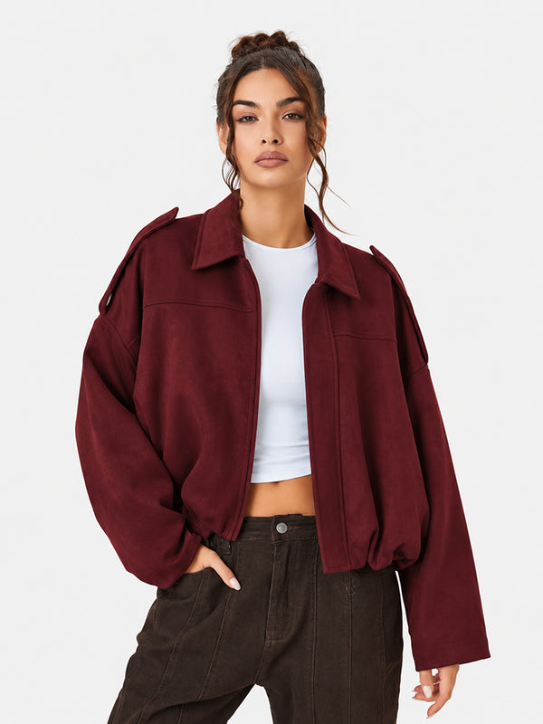 Women's Vintage Collared Zip Up Jacket Oversized Casual Outerwear