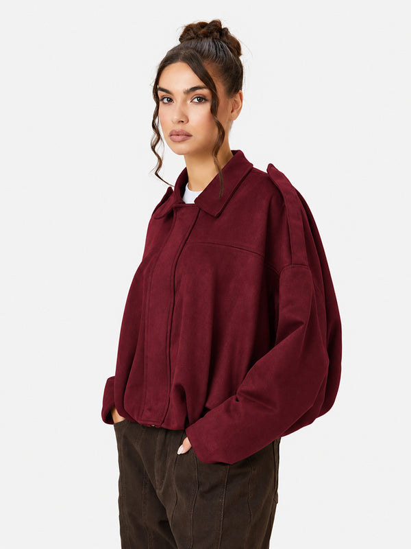 Women's Vintage Collared Zip Up Jacket Oversized Casual Outerwear