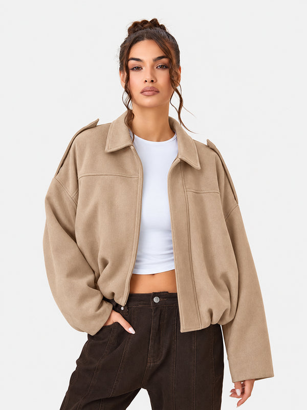Women's Vintage Collared Zip Up Jacket Oversized Casual Outerwear