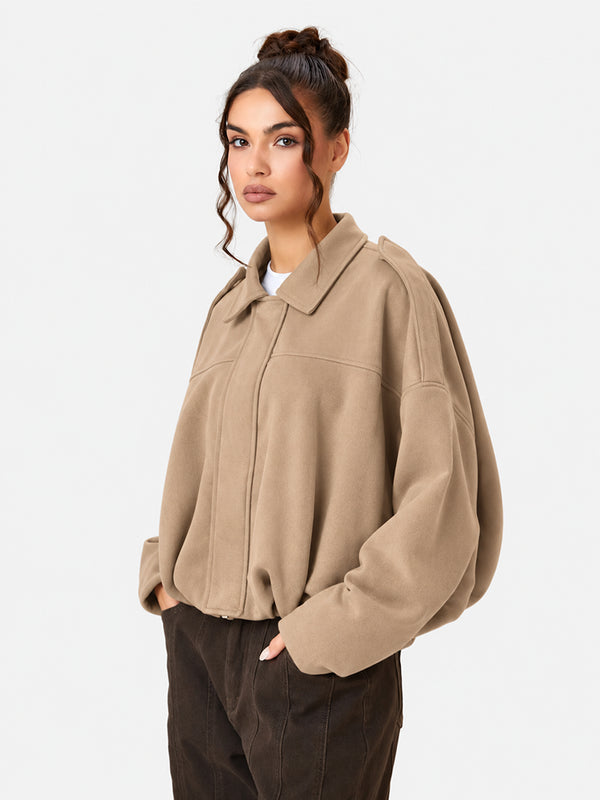 Women's Vintage Collared Zip Up Jacket Oversized Casual Outerwear