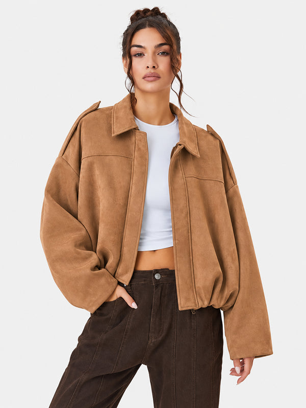 Women's Vintage Collared Zip Up Jacket Oversized Casual Outerwear