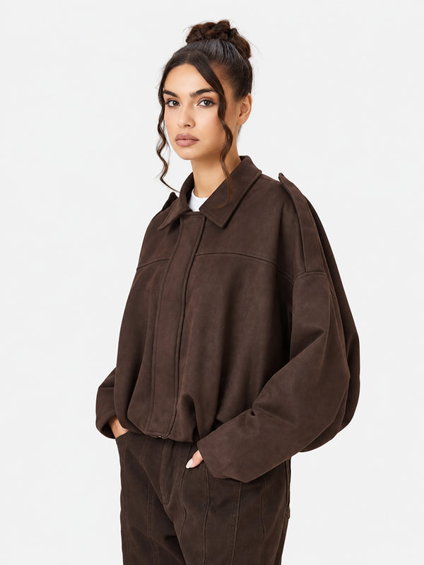 Women's Vintage Collared Zip Up Jacket Oversized Casual Outerwear