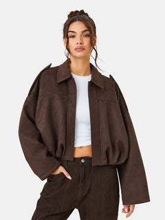 Women's Vintage Collared Zip Up Jacket Oversized Casual Outerwear