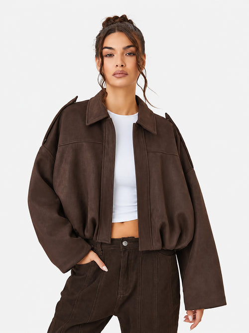 Women's Vintage Collared Zip Up Jacket Oversized Casual Outerwear