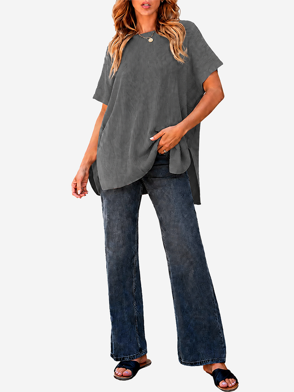 Oversized Side-Slit Short Sleeve Knit Sweater
