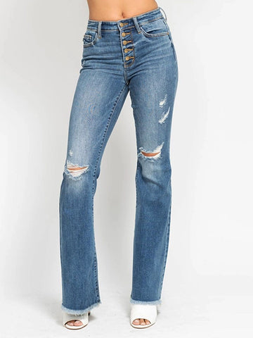Judy Blue High Waist Button Fly Flare Jeans with Distressed Frayed Hem