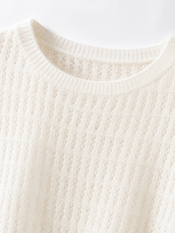 Women’s Solid Color Openwork Knit Top – Soft Round Neck Loose-Fit Sweater