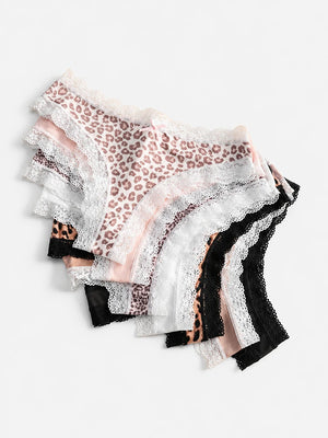 7-Pack Leopard Lace Thong Panties for Women – Sexy Low Rise Breathable Underwear with Romantic Bow Detail, Soft Stretch Everyday Comfort