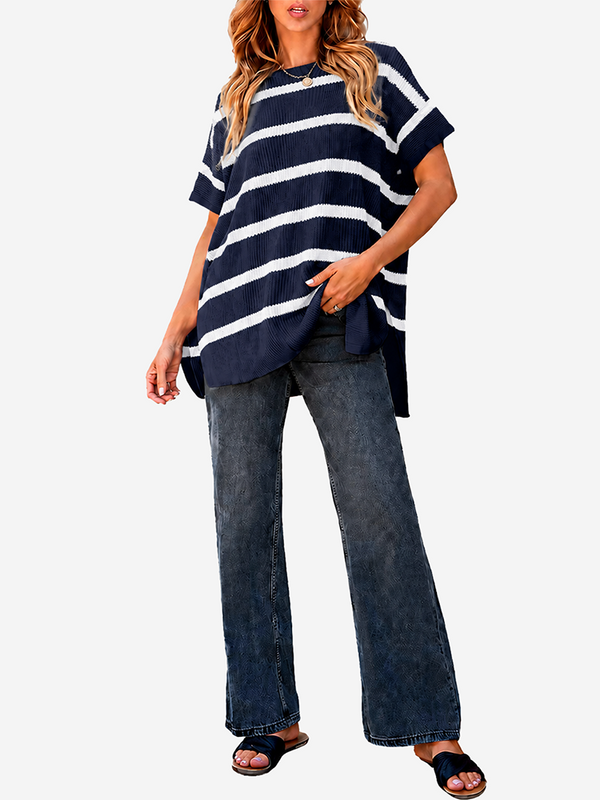 Oversized Side-Slit Short Sleeve Knit Sweater