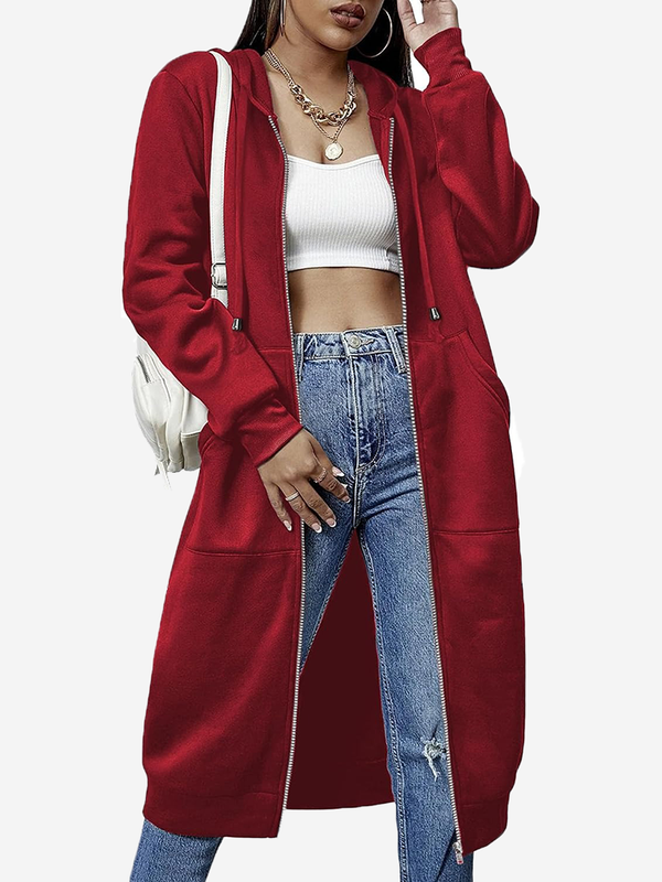 Women's Cozy Long Fleece Hoodie Zip Up Knee Length Tunic Jacket
