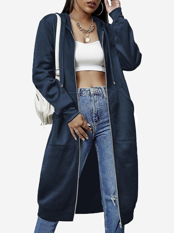 Women's Cozy Long Fleece Hoodie Zip Up Knee Length Tunic Jacket