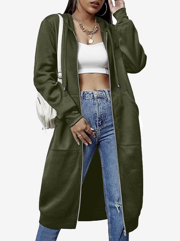 Women's Cozy Long Fleece Hoodie Zip Up Knee Length Tunic Jacket