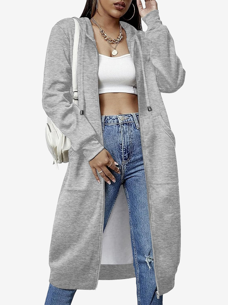 Women's Cozy Long Fleece Hoodie Zip Up Knee Length Tunic Jacket