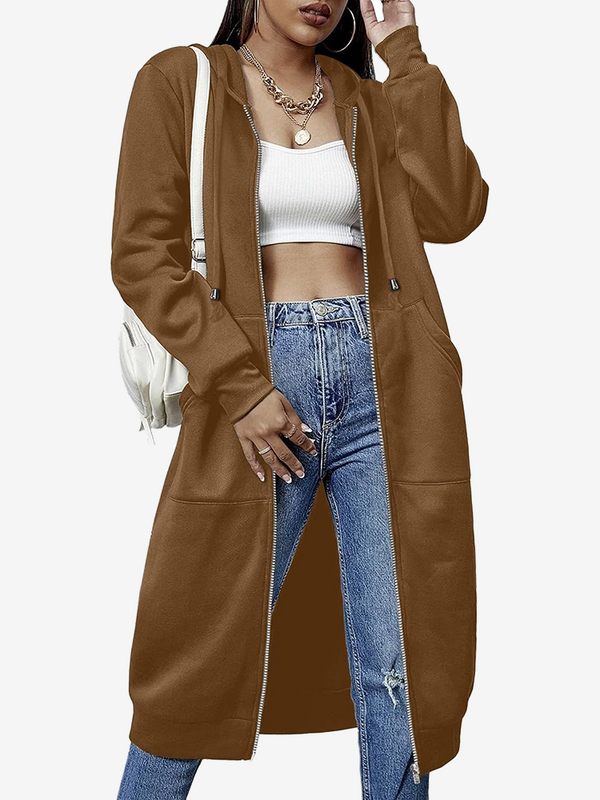 Women's Cozy Long Fleece Hoodie Zip Up Knee Length Tunic Jacket
