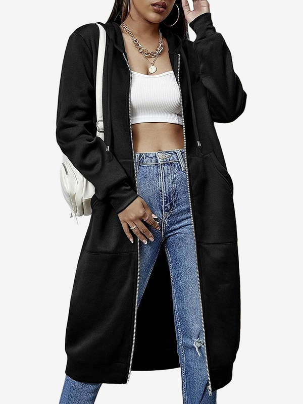 Women's Cozy Long Fleece Hoodie Zip Up Knee Length Tunic Jacket