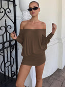 Women's Solid Off The Shoulder Sheer Ruched Dress