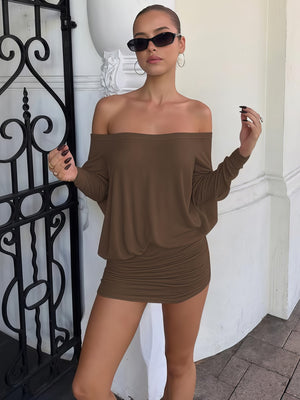 Women's Solid Off The Shoulder Sheer Ruched Dress