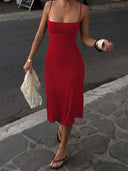Women's Square-Neck Backless Bodycon Midi Slip Dress with Spaghetti Straps