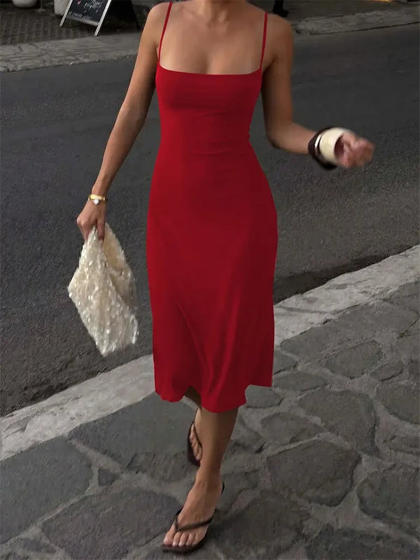 Women's Square-Neck Backless Bodycon Midi Slip Dress with Spaghetti Straps