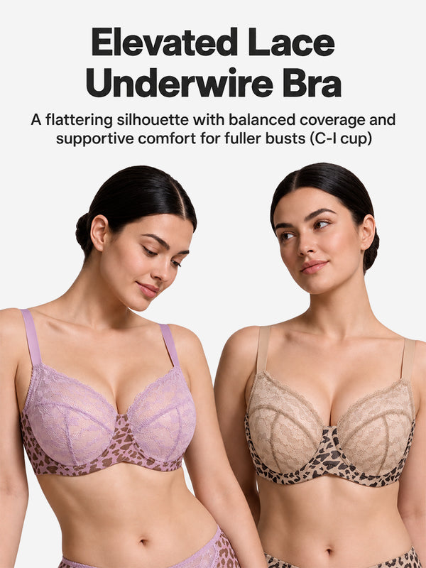 Women's Plus Size Love Leopard Lace Bra Full Coverage Unlined Underwire Heart Pattern