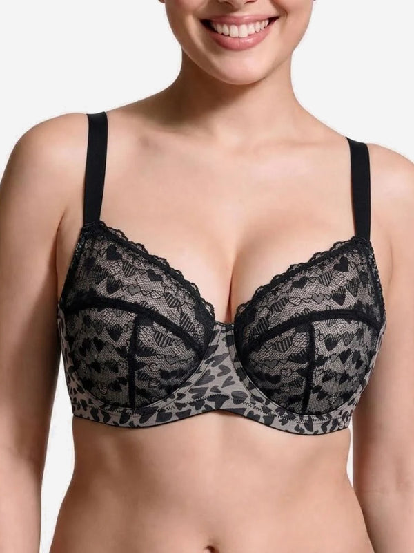 Women's Plus Size Love Leopard Lace Bra Full Coverage Unlined Underwire Heart Pattern
