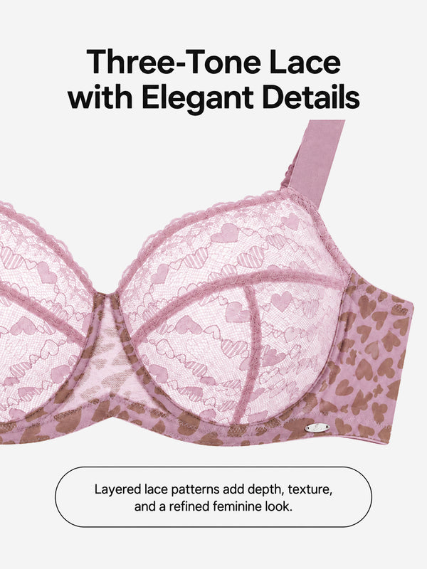 Women's Plus Size Love Leopard Lace Bra Full Coverage Unlined Underwire Heart Pattern