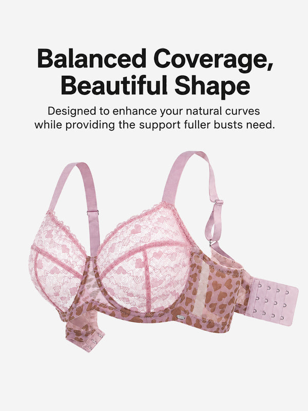 Women's Plus Size Love Leopard Lace Bra Full Coverage Unlined Underwire Heart Pattern