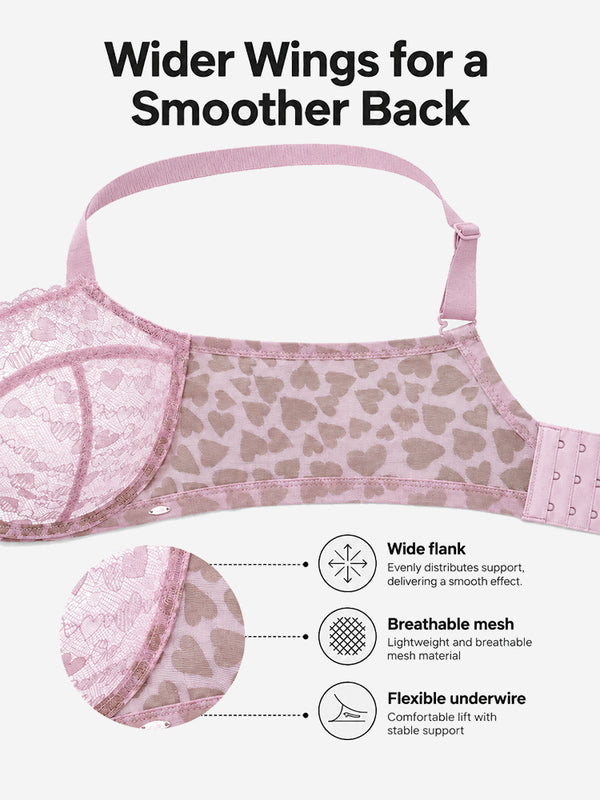 Women's Plus Size Love Leopard Lace Bra Full Coverage Unlined Underwire Heart Pattern