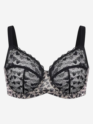 Women's Plus Size Love Leopard Lace Bra Full Coverage Unlined Underwire Heart Pattern