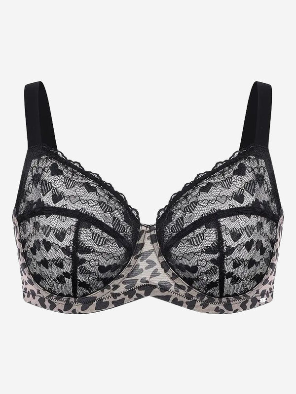 Women's Plus Size Love Leopard Lace Bra Full Coverage Unlined Underwire Heart Pattern