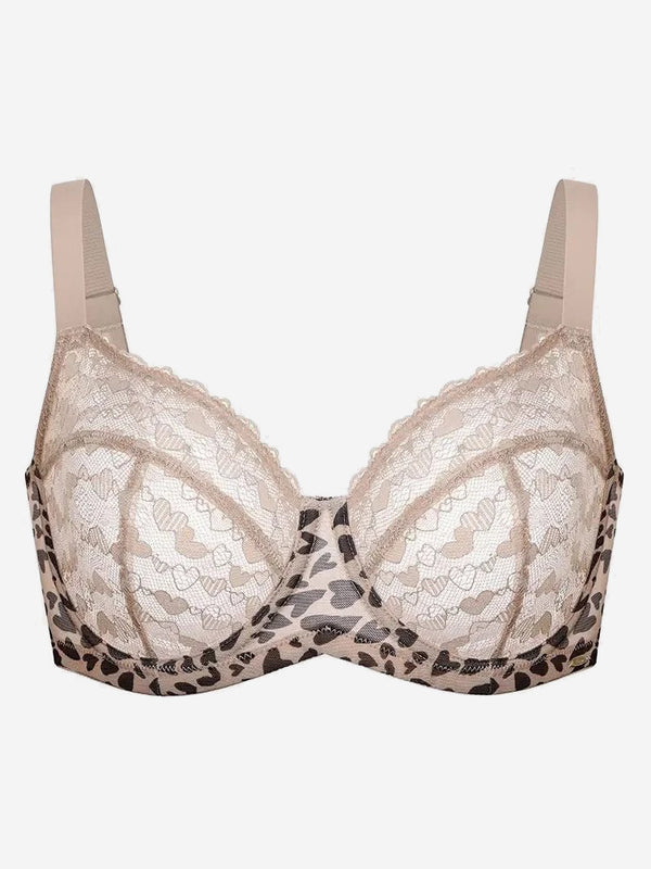 Women's Plus Size Love Leopard Lace Bra Full Coverage Unlined Underwire Heart Pattern