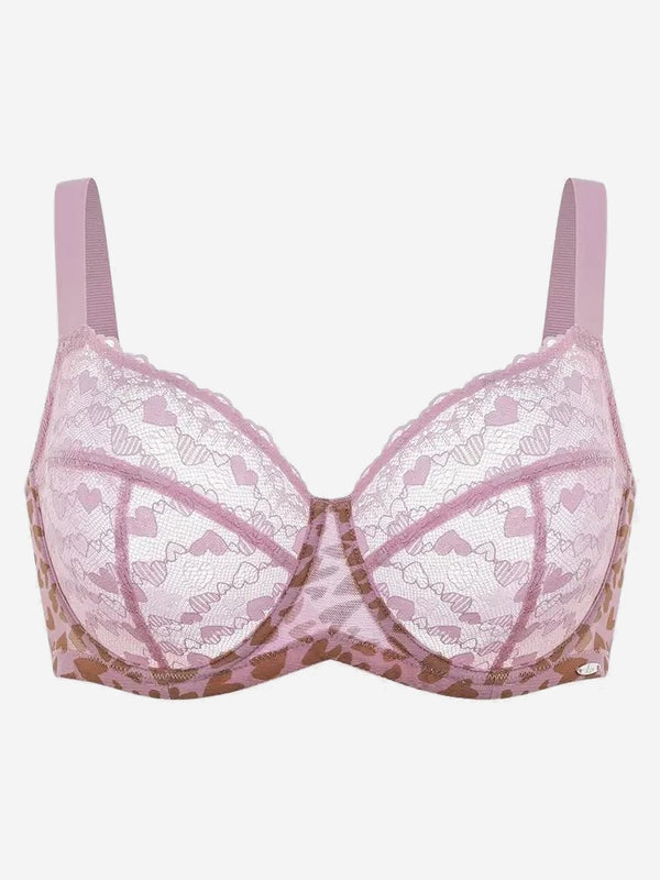 Women's Plus Size Love Leopard Lace Bra Full Coverage Unlined Underwire Heart Pattern