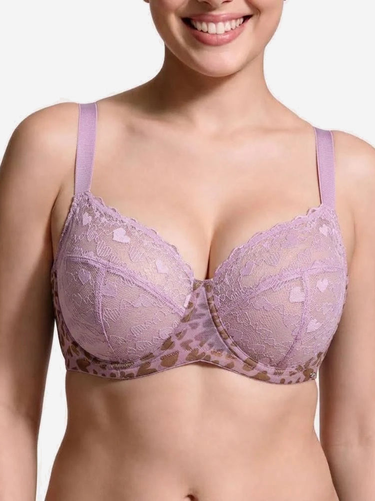 Women's Plus Size Love Leopard Lace Bra Full Coverage Unlined Underwire Heart Pattern