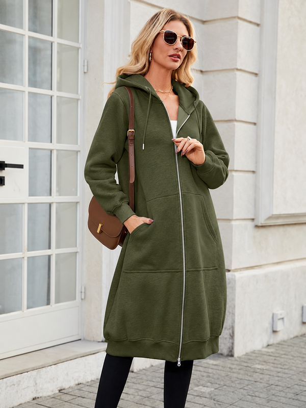 Women's Cozy Long Fleece Hoodie Zip Up Knee Length Tunic Jacket