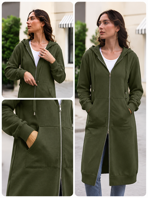 Women's Cozy Long Fleece Hoodie Zip Up Knee Length Tunic Jacket