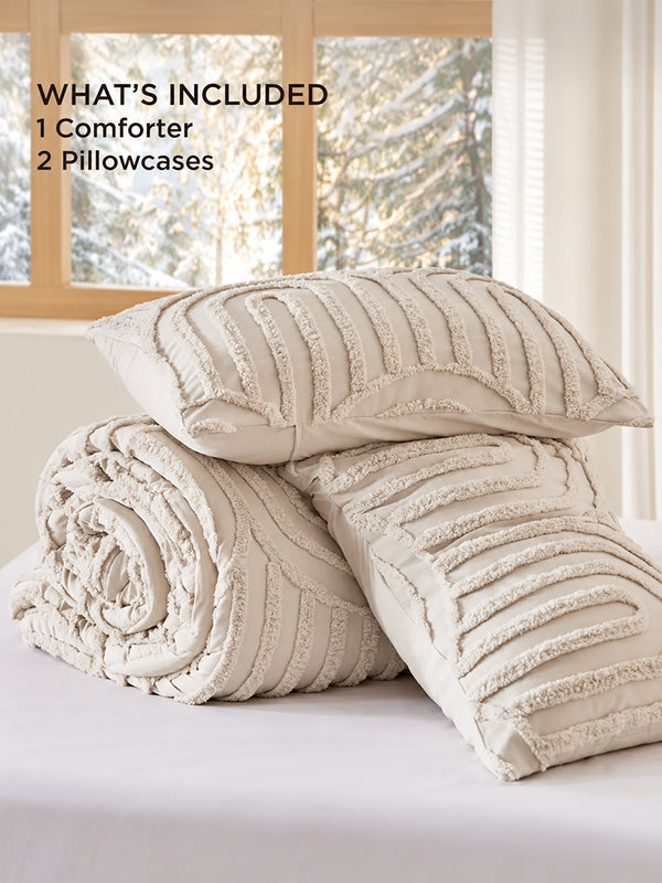 3-Piece Boho Arch Tufted Comforter Set Soft 3D Embroidered Bedding with Cozy Fluffy Fill