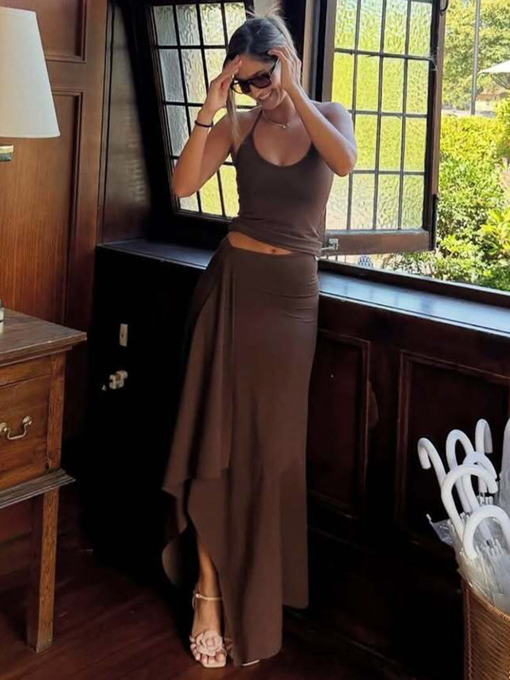 Women Two Piece Summer Set – Sleeveless Cami Top & Irregular Hem Maxi Skirt Outfit