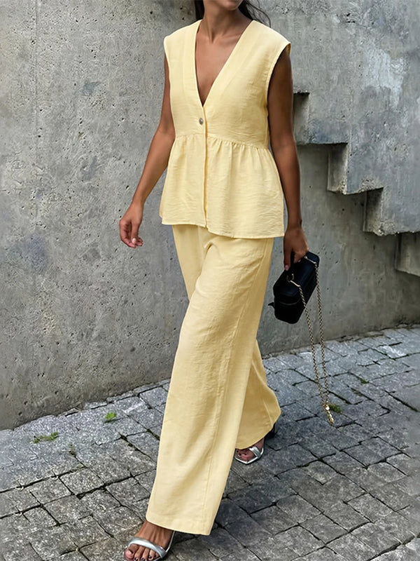 French Chic Linen Look V Neck Peplum Vest Wide Leg Pants Set