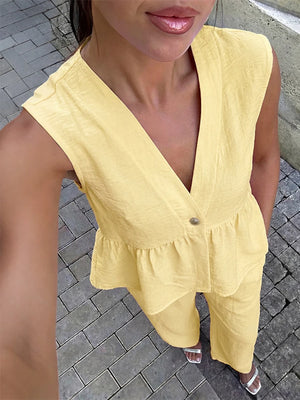 French Chic Linen Look V Neck Peplum Vest Wide Leg Pants Set
