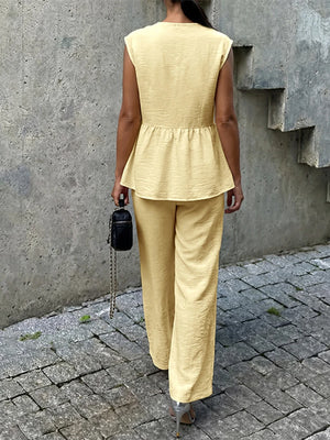French Chic Linen Look V Neck Peplum Vest Wide Leg Pants Set