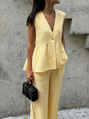 French Chic Linen Look V Neck Peplum Vest Wide Leg Pants Set
