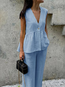 French Chic Linen Look V Neck Peplum Vest Wide Leg Pants Set