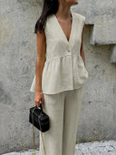 French Chic Linen Look V Neck Peplum Vest Wide Leg Pants Set