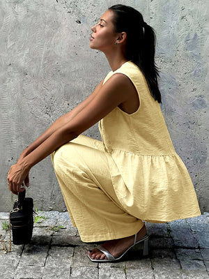 French Chic Linen Look V Neck Peplum Vest Wide Leg Pants Set