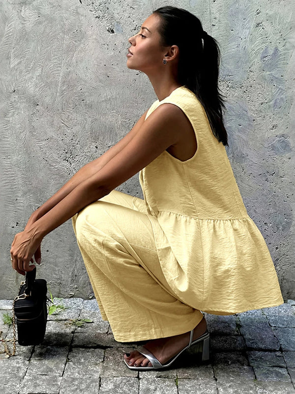 French Chic Linen Look V Neck Peplum Vest Wide Leg Pants Set