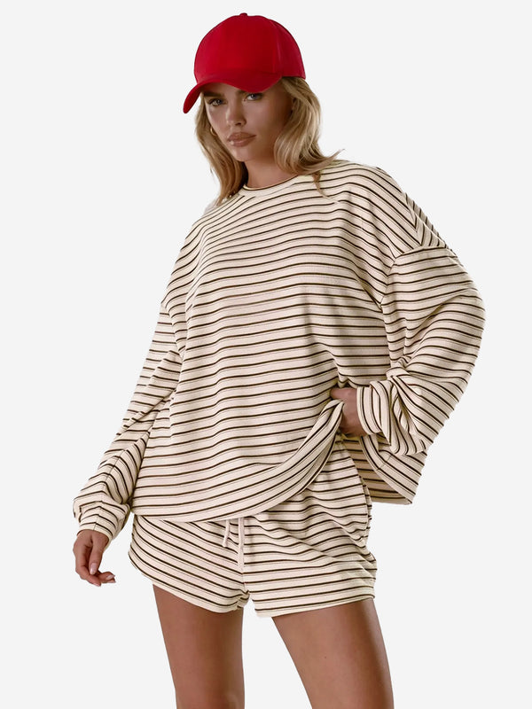 Women’s Cozy Striped Lounge Set – Loose Fit Long Sleeve Top & Shorts