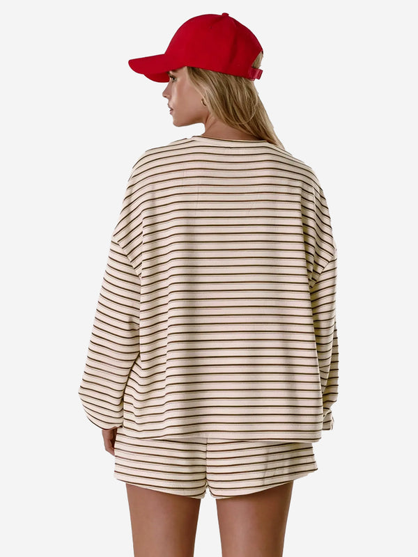 Women’s Cozy Striped Lounge Set – Loose Fit Long Sleeve Top & Shorts