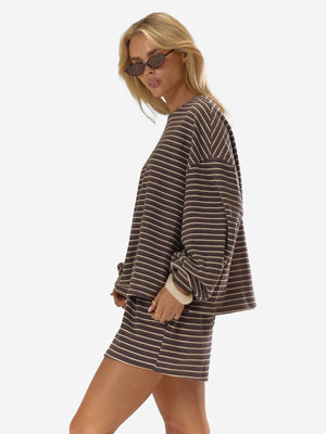 Women’s Cozy Striped Lounge Set – Loose Fit Long Sleeve Top & Shorts